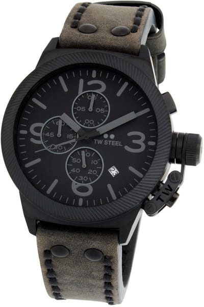 TW Steel TWCS115 Canteen Heren Horloge - Chronograaf - Mineraalglas - Staal/Leer - Grijs/Zwart - 45 mm breed - Quartz - Gesp - 10 ATM (zwemmen)