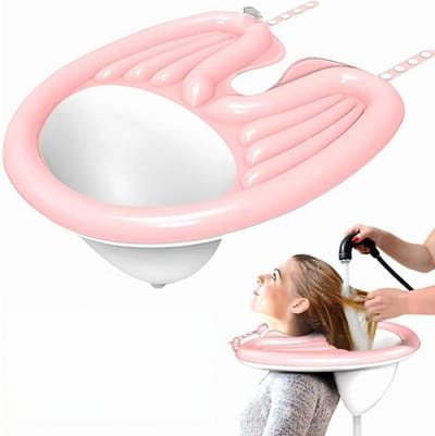 1 stuk opblaasbare shampoo-trays met buispomp, mobiele wasbak voor haar, geen morsen, haar wassen in bed, haar voor ouderen, gehandicapten, zwangere vrouwen en gewonden-Draagbare shampoobak voor verpleeghuizen（roze）