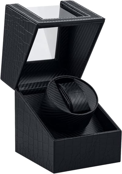 Enkele Automatische Horloge Winder, Enkele Horloge Winder Box van PU Leer met Carbon Fiber Patroon, EU Plug - Zwart