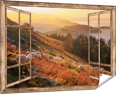 Gards Tuinposter Doorkijk Schapen in de Bergen - 150x100 cm - Tuindoek - Tuindecoratie - Wanddecoratie buiten - Tuinschilderij