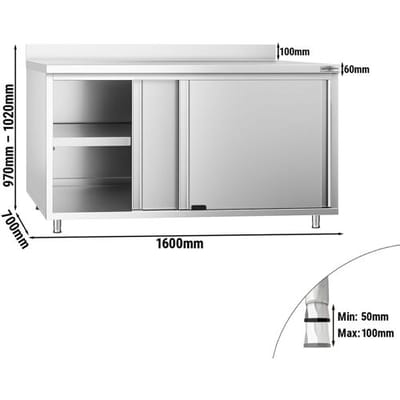 GGM Gastro Edelstahl Arbeitsschrank PREMIUM - 1600x700mm - mit Schiebetür & Aufkantung Zilver