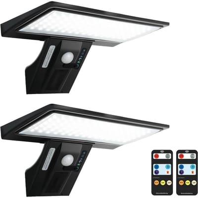GELLDG Buitenlampen op zonne-energie – 2-pack – 90 LED's – Ultraheldere lampen met bewegingssensor – Beveiligingswandlampen – 4 standen – Waterdichte tuinwandlampen – Inclusief montagemateriaal & afstandsbediening