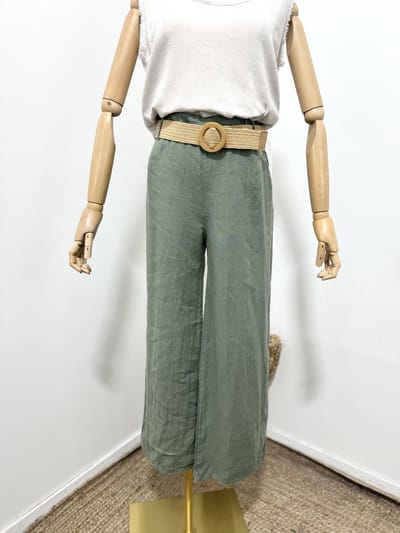 Linnen broek met een rieten ceintuur en zijzakken - elastische talie - kleur MILITAIR GROEN - maat 38/40