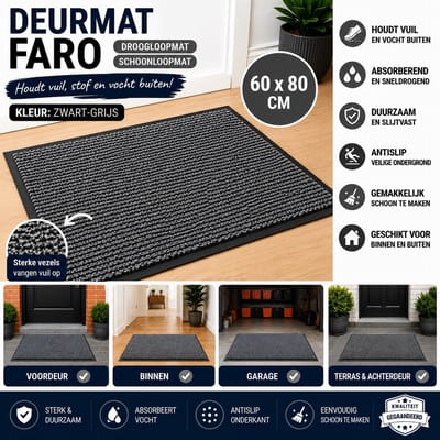 Wicotex - Deurmat - schoonloopmat Faro - Afmeting 60x80cm - Kleur Zwart - Grijs