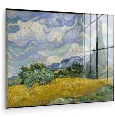 ® Glasschilderij 160x120 cm - Schilderij acrylglas - Korenveld met cipressen - Vincent van Gogh - Foto op glas - Muurdecoratie woonkamer - Wanddecoratie slaapkamer - Schilderijen