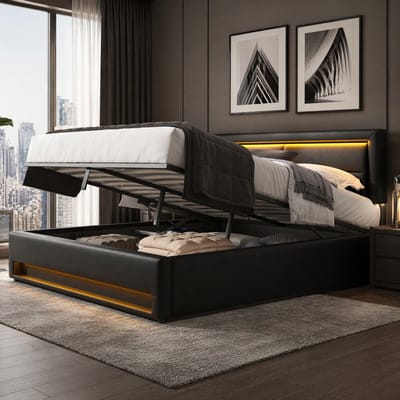 MEUNIQ Polsterbed 140 x 200 cm met opbergruimte, LED-verlichting, USB-aansluiting voor draadloos en bedraad opladen, lattenbodem, zwart