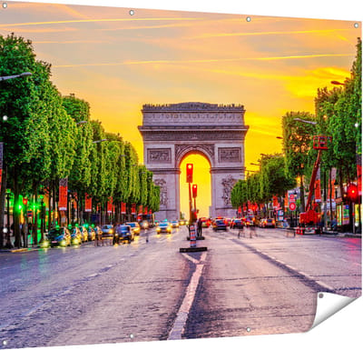 Gards Tuinposter Arc de Triomphe in Parijs vanaf de Straat - 150x120 cm - Tuindoek - Tuindecoratie - Wanddecoratie buiten - Tuinschilderij