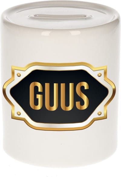 Spaarpot met voornaam Guus - wit - met goud/zwart embleem - 8 x 9 cm - keramiek - met afsluitdop - cadeau verjaardag