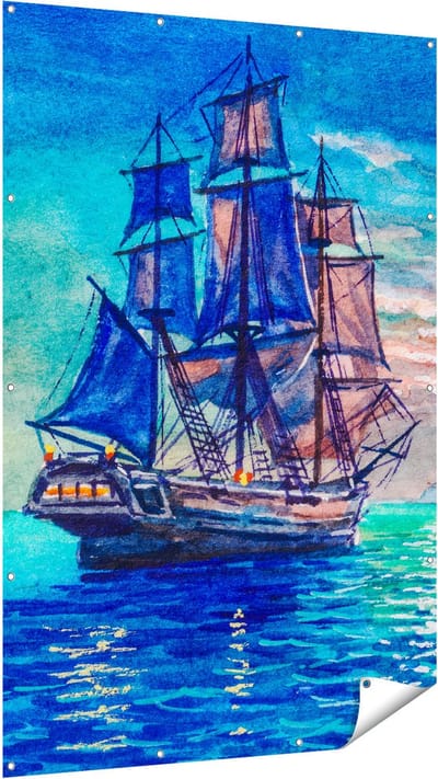 Gards Tuinposter Oude Piratenschip Zeilboot Getekend - 120x180 cm - Tuindoek - Tuindecoratie - Wanddecoratie buiten - Tuinschilderij