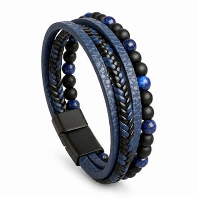 Lundholm Björn Armband Heren Blauw/Zwart – Luxe Kunstleren Armband met Blauwe Natuursteen Kralen – 21 cm – Gelaagde Heren Armband – Cadeau voor Hem – Scandinavisch Design