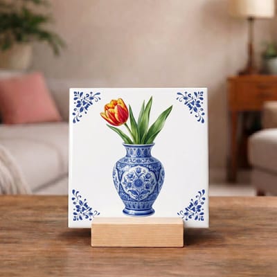 Delftsblauw Tegeltje 11x11 Tulp in Vaas – Bloemen Wanddecoratie Cadeau