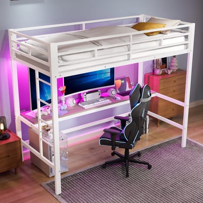 STILVORA Hoogslaper 90x200 cm - Kinderhoogslaper Met Veiligheidsrek En Schreibtisch - Metaal - Wit