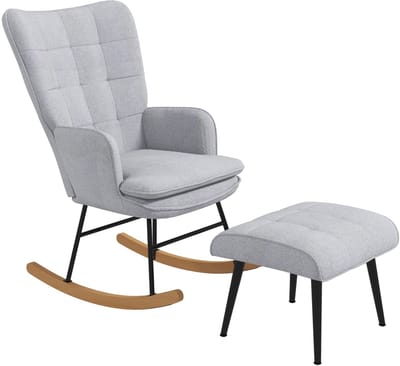 Afmetingen 64x89x90cm Lichtgrijs Schommelstoel Schwingsessel met Voetenbank Armleunstoel Relaxstoel met Linnenlook Loungefauteuil Schaukelsessel tot 130kg Belastbaar Houten Poten Stalen Frame Comfortabele Zitstoel