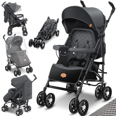 Opvouwbare Kinderbuggy met Slaapfunctie, 360 Graden Wielen, Inclusief Voetenzak en Regenhoes