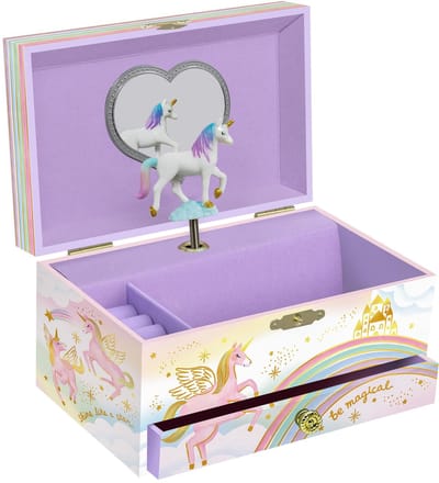 Solidchoice- Sieradendoos Muzikaal - Eenhoorn - Juwelendoos voor Meisjes - Verjaardagsgeschenk - 18,2 x 13,3 x 9,9 cm - Stevig Grenen Vezelplaat
