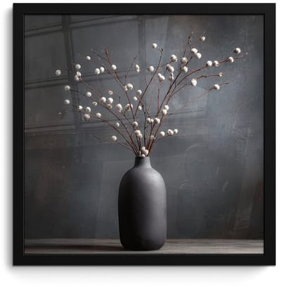 Poster in lijst - Fotolijst 40x40 cm - Posters - Takken - Vaas - Bolletjes - Wit - Posterlijst zwart - Decoratie - Wanddecoratie woonkamer - Muurdecoratie slaapkamer