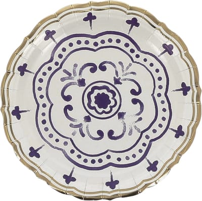 ARTYFETES - 8 Kleine Kartonnen Borden Koningsblauw, Wit en Goud 18cm Mediterraan Motief