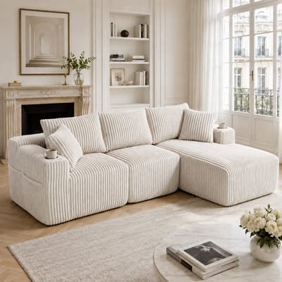 Modulaire Hoekbank met Chaise Longue – Beige Corduroy Bank 3-Zits – Bank met 5 Kussens, Cuphouder en Zijvakken – Lounge Sofa voor Woonkamer