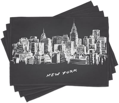 ABAKUHAUS NYC onderzetters, handgetekende stadsgebouwendecoratie, wasbare stoffen onderzetters voor eetkamer en keuken, digitaal bedrukt, donkergrijs en wit
