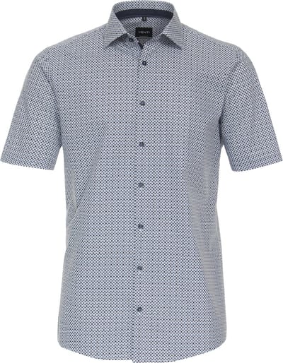 VENTI modern fit overhemd - korte mouw - popeline - blauw met wit dessin - Strijkvriendelijk - Boordmaat: 39