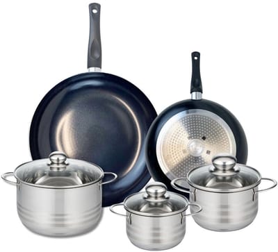 Set van 2 Koekenpannen 24 en 32 cm en 3 kookpotten 14, 16 en 20 cm Elo Prima Brillant