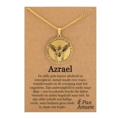 Beschermengel Azraël Ketting op Cadeau Kaartje - Goudkleurig - Aartsengel Talisman / Medalion - Stainless Steel Engelen Hanger - 60cm