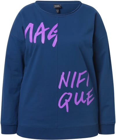 Ulla Popken - Dames - Sweatshirt tekstmotief oversized ronde hals lange mouw - Donkerblauw - Maat 42+