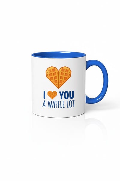 Mok "I Love You A Waffle Lot" - Grappig Wafelhart Design - Blauw Handvat & Binnenkant - Uniek Cadeau