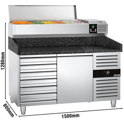 GGM Gastro Pizzakühltisch PREMIUM - 1500x800mm - mit 1 Tür & 7 Schubladen - inkl. Kühlaufsatzvitrine - 7x GN 1/4 Zilver