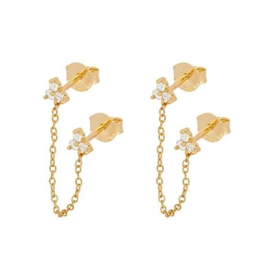 Aramat Jewels | Oorbellen | Oorbellen met kettinkje en zirkonia steentjes | Goudkleurig / Transparant | |7mm | Zilver | Volwassenen | Verkleurd niet