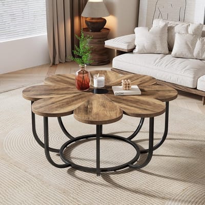 Tribesigns Salontafel - 100×100×50 CM - Moderne Salontafel in Bloemvorm met Tafelblad van Kunstmarmer - Bruin en Zwart - Voor Woonkamers