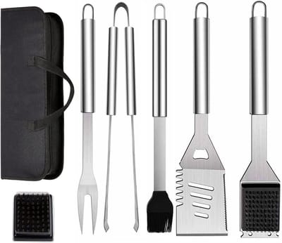 Famanu - 7-Delige BBQ Grill Gereedschapsset – Barbecue Gebruiksvoorwerpen Met Draagtas, Spatel, Tang en Vork – Accessoires Voor Koken en Outdoor Camping