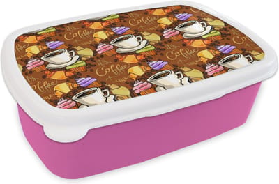 Broodtrommel Roze - Lunchbox - Brooddoos - Koffie - Croissant - Patronen - Ontbijt - 18x12x6 cm - Kinderen - Meisje