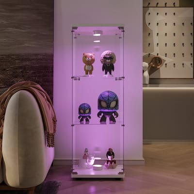 Vitrinekast met ledverlichting, verzamelvitrinekast met deuren en slot, woonkamer, slaapkamer, wit