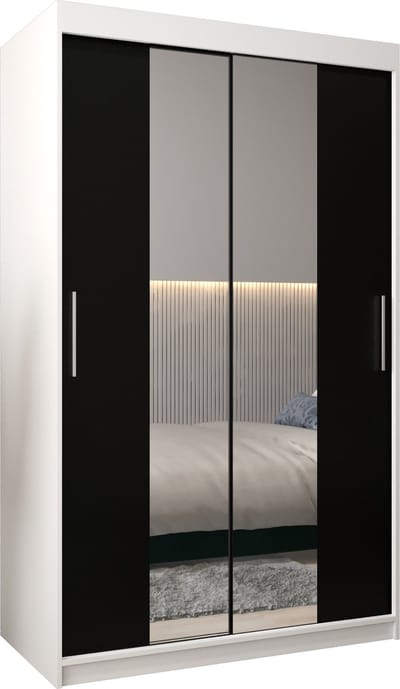 InspireMe - Kledingkast met 2 schuifdeuren, Modern-stijl, Kledingkast met planken (BxHxD): 120x200x62 - TORM I 120 Wit Mat + Zwart
