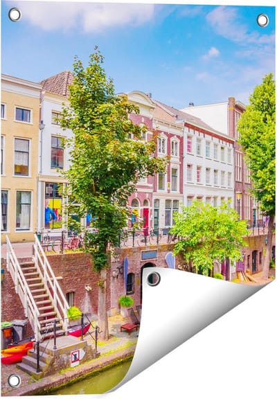 Gards Tuinposter Huisjes aan de Oudegracht in Utrecht - 40x50 cm - Tuindoek - Tuindecoratie - Wanddecoratie buiten - Tuinschilderij