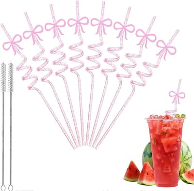 Herbruikbare Drinkrietjes voor Kinderen, 10 Stuks met Strik, Feestdecoratie voor Verjaardagen, Babyshowers en Meisjesfeestjes in Roze