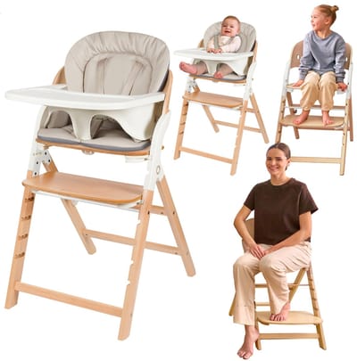 Lionelo Megan – Houten Kinderstoel / Eetstoel Baby – Meegroeistoel 3in1: van 6 mnd tot 110 kg – Verstelbare: Zitting Voetsteun & Tafel – 5-puntsgordel – Dienblad met siliconen inzet – Wasbaar Kussen – Antislipvoetjes – Baby Stoel