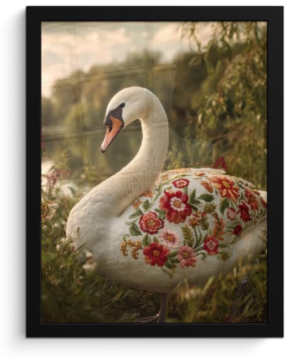 Poster in lijst - Fotolijst 30x40 cm - Posters - Zwaan - Bloemen - Natuur - Posterlijst zwart - Decoratie - Wanddecoratie woonkamer - Muurdecoratie slaapkamer