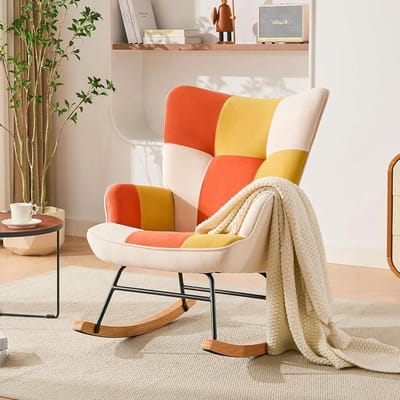 HomeMiYN Schommelstoel – Fluwelen Patchwork Design – Oranje-Geel Comfortabele Fauteuil – Hoge Rugleuning Wipstoel voor Woonkamer en Slaapkamer