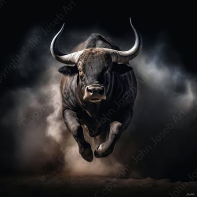 John Joseb Art (Canvas) 100x100 | Stier, koe, stof, zand, rook, in geschilderde stijl, kunst | Spanje, dier, vierkant, bruin, grijs, zwart, modern | Foto-Schilderij canvas print (wanddecoratie)