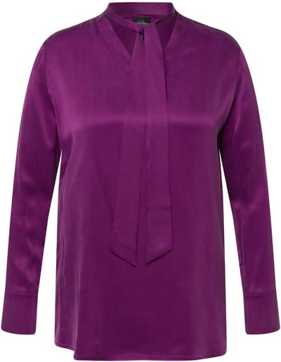 Ulla Popken - Dames - Cupro blouse trekkoord V-hals lange mouwen - Bordeauxpaars - Maat 42+