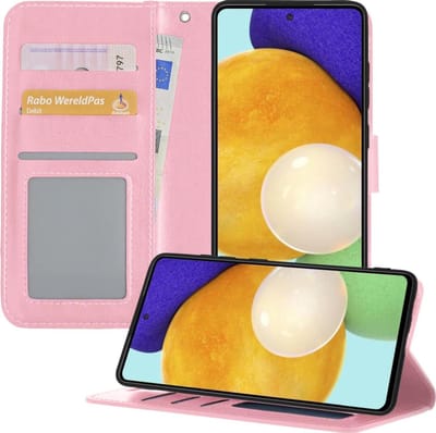 Hoesje - Met Pasjeshouder - Geschikt voor Samsung Galaxy A52 5G - Luxe Bookcase Portemonee - Flip Case - Kunstleer Book Case - Flipcase - Book Cover - Walletcase - Portemonneehoes - Telefoonhoesjes - Lichtroze