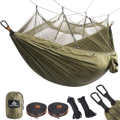 Insectenwerende Reis Hangmat met Muggennet – Ultralicht en Compact – 300 kg Draagvermogen (275 x 140 cm) – Ademend en Sneldrogend Parachute Nylon – Inclusief 2 Premium Karabijnhaken