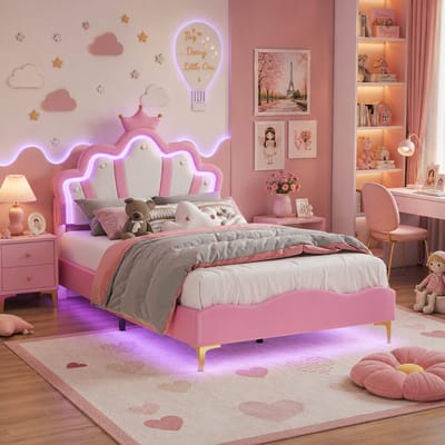 Tweepersoonsbed voor meisjes 140x190 cm, LED-verlichting, kroonvormig verstelbaar hoofdeinde, prinsessenbed, fluweel, Roze prinsessenbed, matras niet inbegrepen