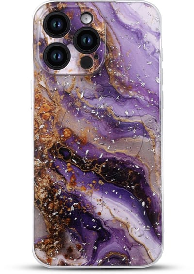 Casemania Hoesje Geschikt voor Apple iPhone 12 Pro - Paars - Marmer Glitter Back Cover met Camera Bescherming - Geschikt voor MagSafe