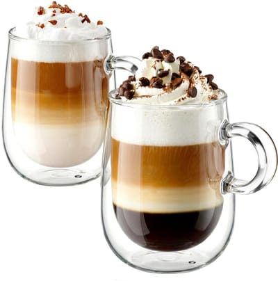 glastal set van 2 dubbelwandige 360 ml koffieglazen, theeglazen met handvat, borosilicaatglas, koffiekopjes, dubbelwandige glazen, koffiemokken, ideaal voor cappuccino, ijsthee, melk, sap, bier