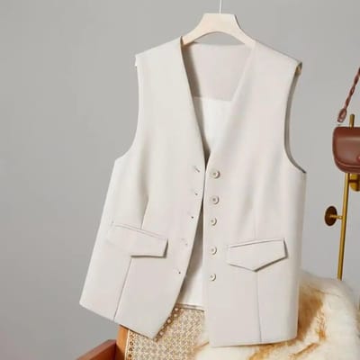 Gilet de costume pour femme élégant col en V gilet d'affaires sans manches gilet pour bureau style trajet couleur unie simple boutonnage L beige