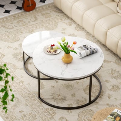 Wishdor Ronde Salontafel Set van 2 - Nesttafels Wit Marmerlook - Zwart Metaal - Extra Groot - Ø 80 en Ø 60 cm