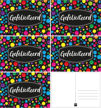 Gefeliciteerd ansichtkaart - 6x - XXL size - wenskaart - met mix kleuren emoticons - A5 formaat - karton